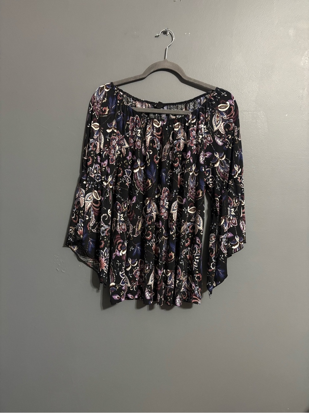Dark Paisley Peasant y2k flowy Blouse off shoulder Fairy bell sleeve women’s L
